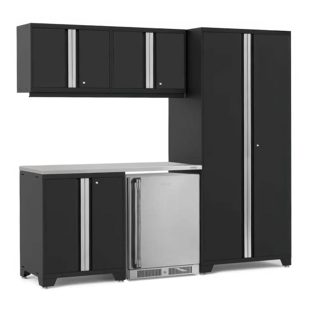 Black Garage Cabinet Ensemble With Tall Locker Wall Cabinets Solid Surface Worktop And Built In Stainless Beverage Cooler