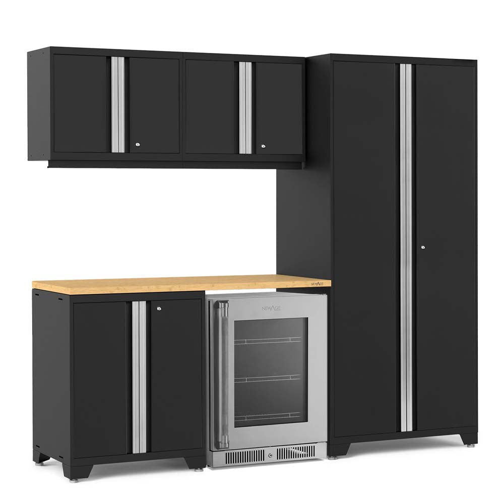 Black Garage Cabinet Ensemble With Wood Worktop And Center Built In Glass Door Beverage Cooler