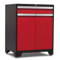 Black Garage Cabinet Features Bold Red Drawers And Double Doors With Sleek Silver Pulls On Sturdy Leveling Feet