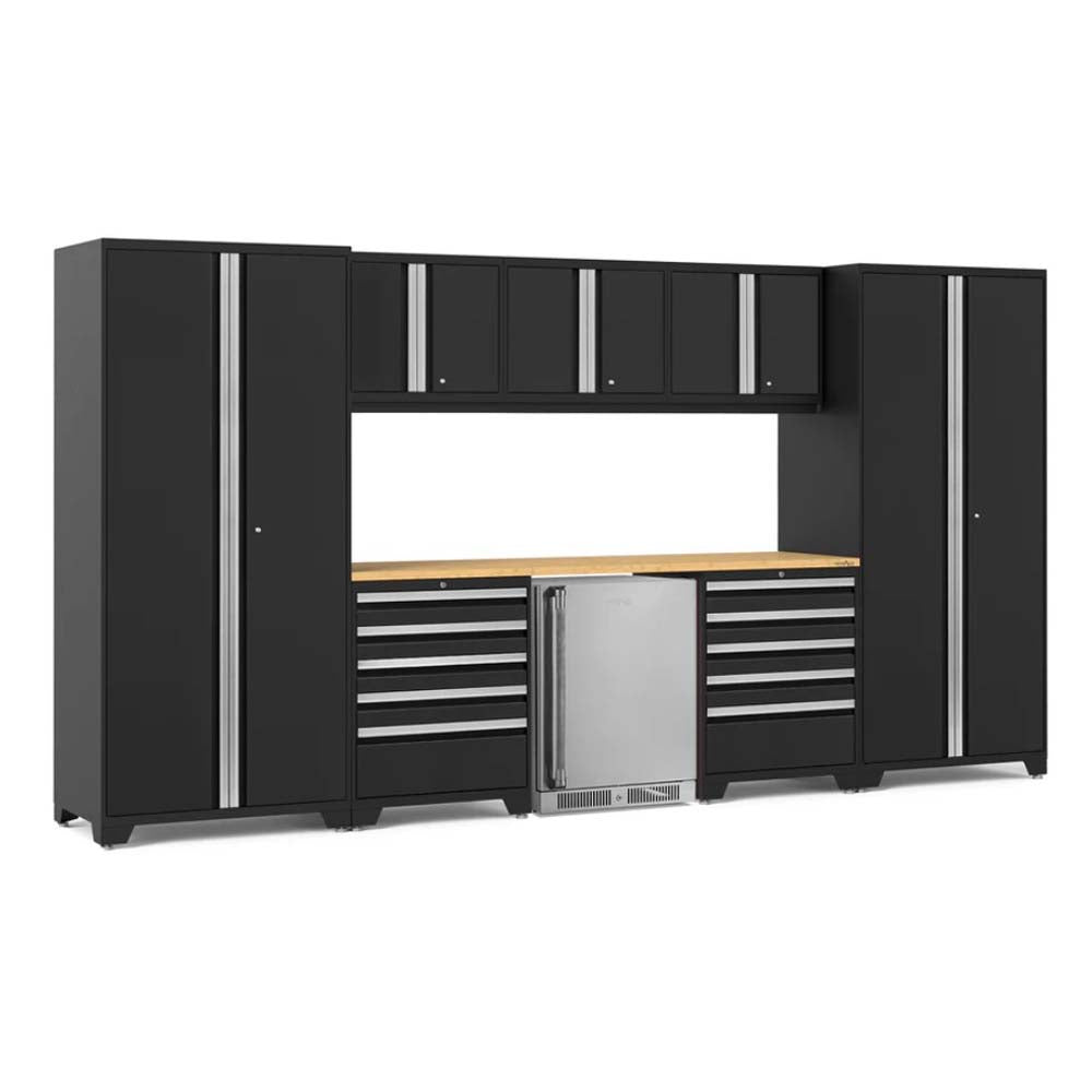 Black Garage Cabinet Set Is Equipped With Tall Storage Units Overhead Cabinets Multiple Drawers And A Central Beverage Cooler Built Beneath A Natural Wood Countertop