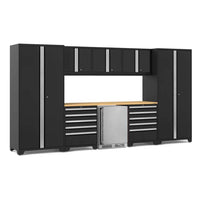 Black Garage Cabinet Set Is Equipped With Tall Storage Units Overhead Cabinets Multiple Drawers And A Central Beverage Cooler Built Beneath A Natural Wood Countertop