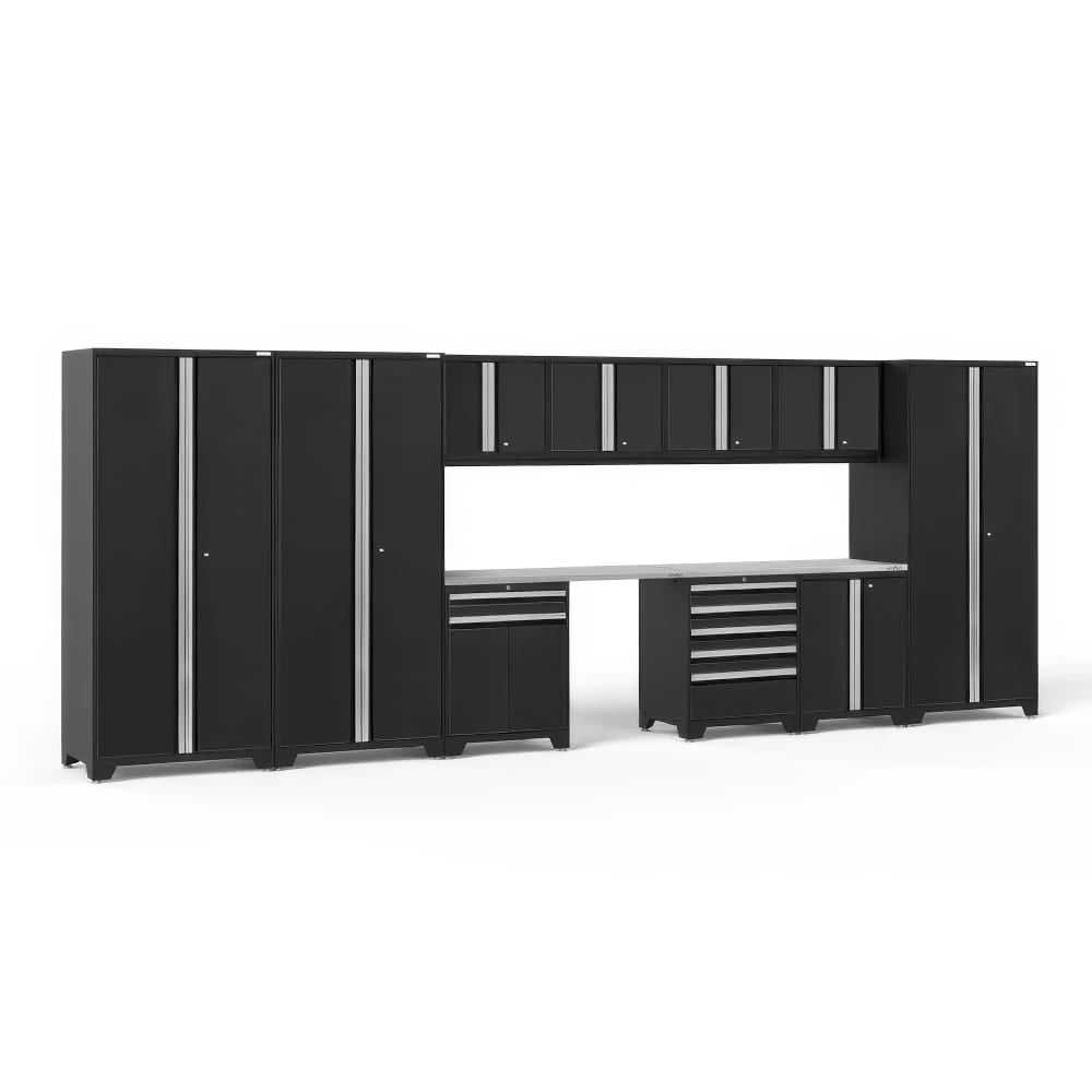 Black Garage Cabinet Set With Overhead Wall Units Stainless Work Surface Twin Tall Lockers And Center Tool Drawer Modules