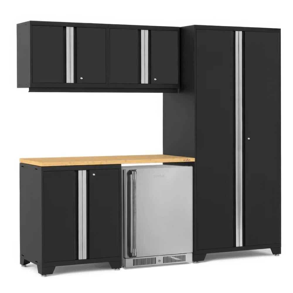Black Garage Cabinet Set With Tall Locker Upper Wall Cabinets Wood Block Worktop And Integrated Stainless Mini Fridge