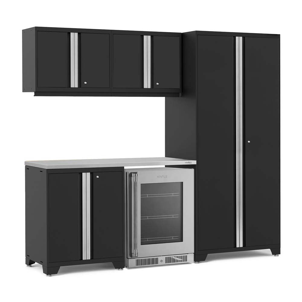 Black Garage Cabinet Set With Tall Pantry Tower Overhead Wall Units Base Cabinet And Stainless Glass Door Beverage Cooler