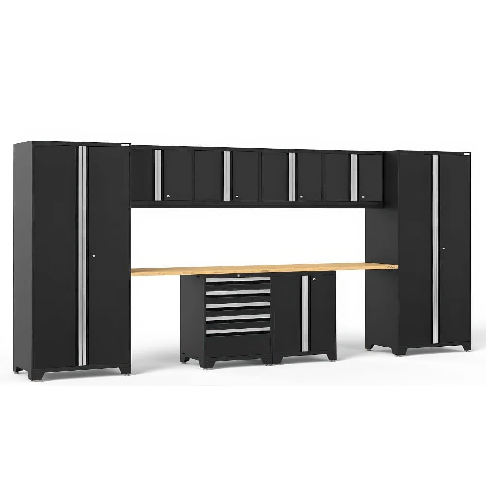 Black Garage Cabinet System Features Tall Lockers Upper Wall Cabinets A Spacious Wooden Work Surface And A Central Drawer Chest