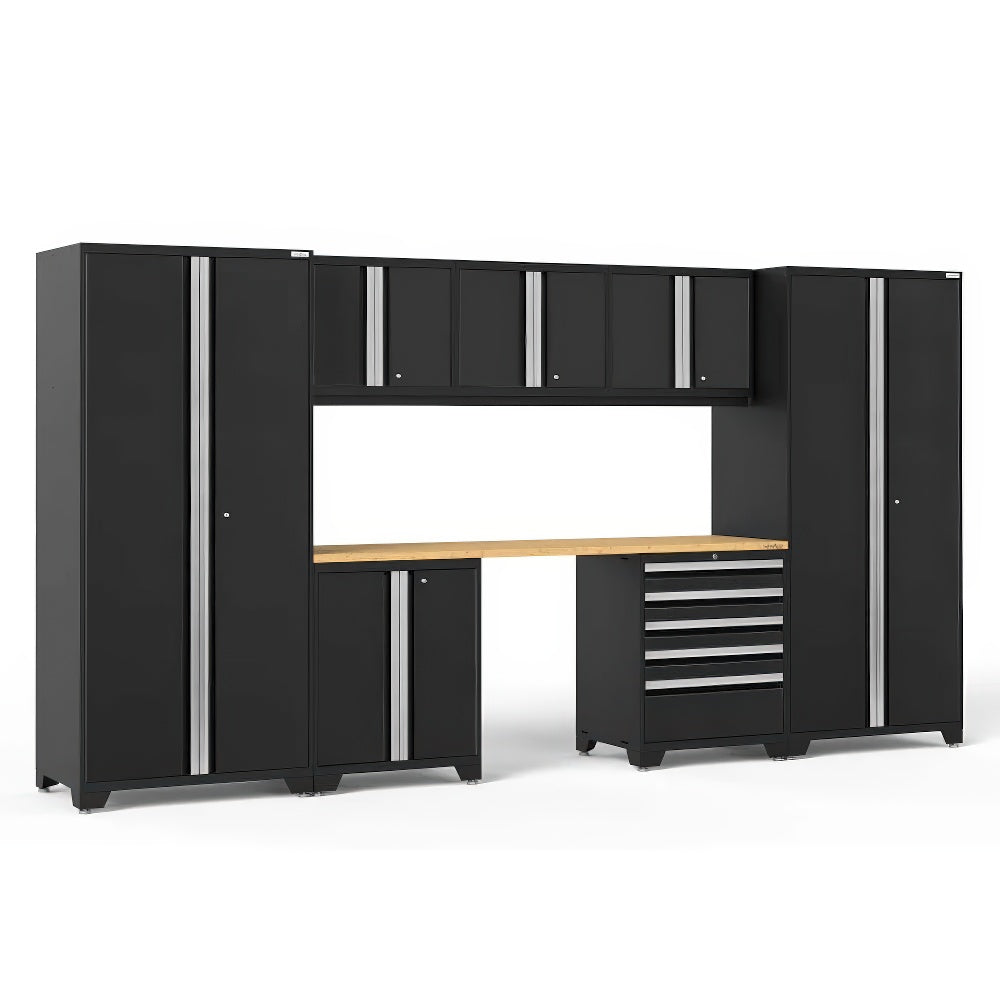 Black Garage Cabinet System Includes Tall Lockers Upper Cabinets A Tool Drawer Chest And A Solid Wood Worktop