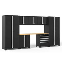 Black Garage Cabinet System Includes Tall Lockers Upper Cabinets A Tool Drawer Chest And A Solid Wood Worktop