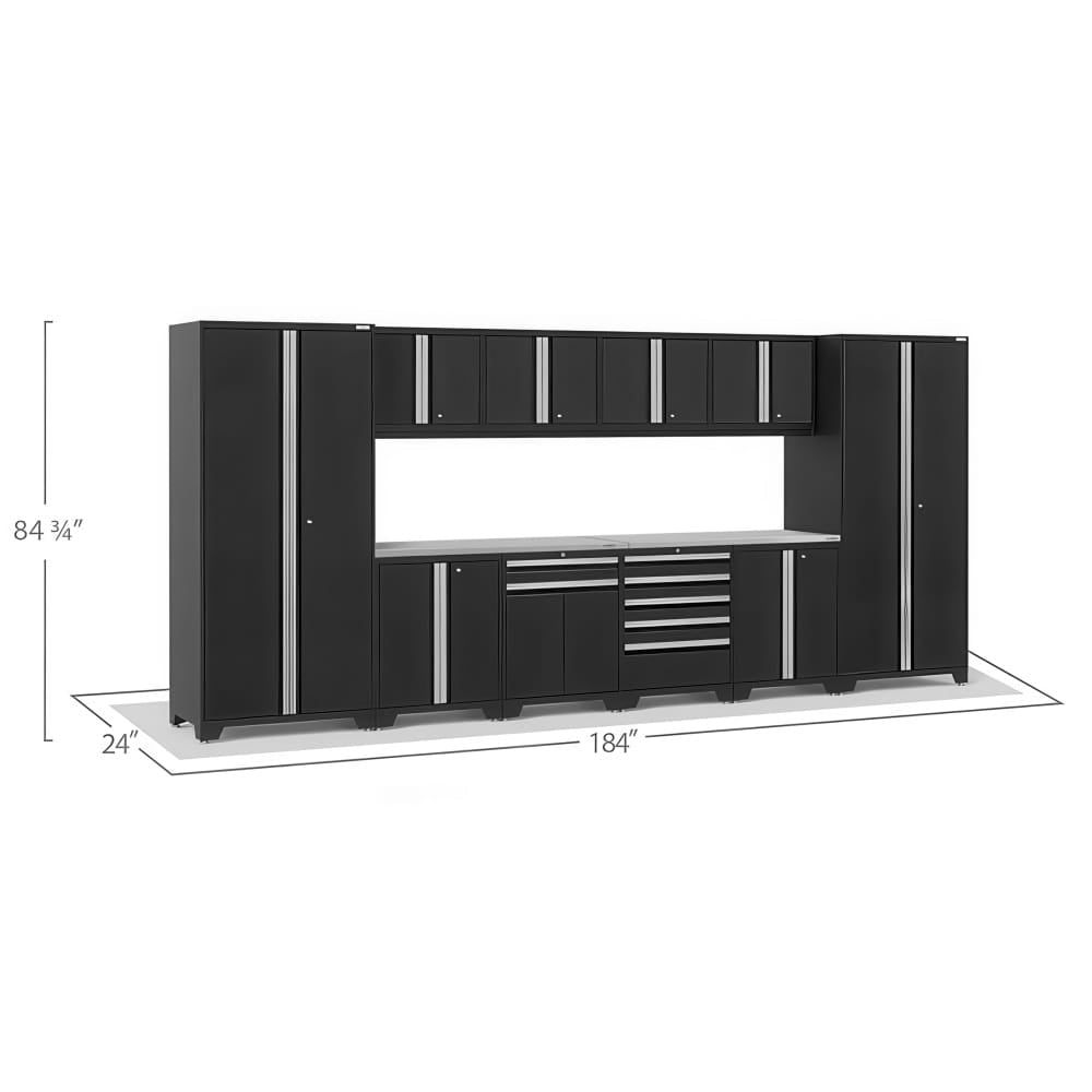 Black Garage Cabinet System With Overhead Cabinets Worktop And Dimensions 184 Inches Wide 84 Three Quarter Inches Tall And 24 Inches Deep