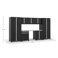Black Garage Cabinet System With Two Tall Lockers Overhead Cabinets Long Worktop And Dimensions