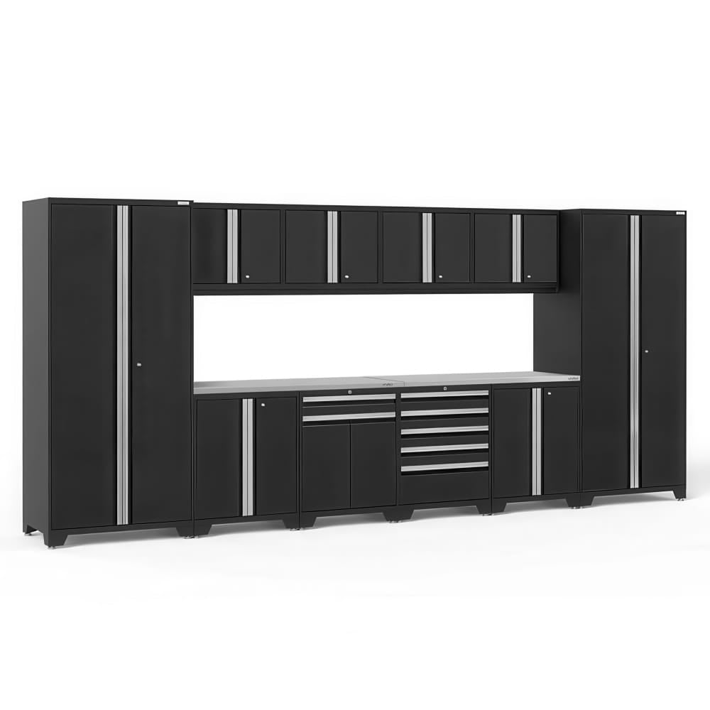 Black Garage Cabinet System With Two Tall Lockers Overhead Wall Cabinets A Stainless Worktop And Center Drawer Bank
