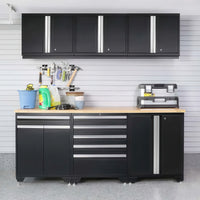 Black Garage Cabinets With Wood Worktop And Slatwall Holding Tools Cleaning Supplies And A Stacked Toolbox
