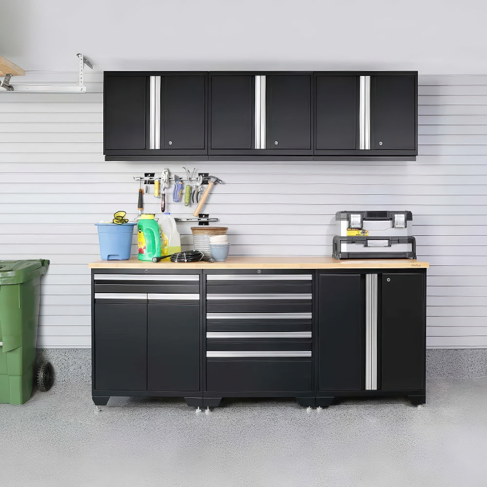 Black Garage Storage Setup With Upper Wall Cabinets A Sturdy Wooden Worktop Drawer And Door Base Units
