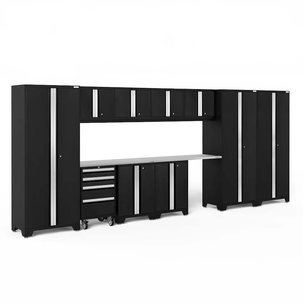 Black Garage Storage System Featuring Tall Cabinets Overhead Lockers And A Stainless Steel Worktop Paired With A Wheeled Tool Chest
