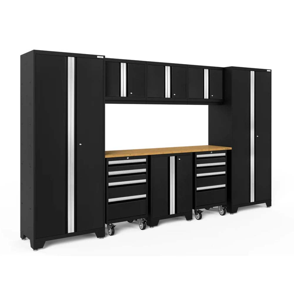Black Garage Storage System Featuring Vertical Cabinets Upper Compartment Rolling Drawer Units And A Wooden Worktop