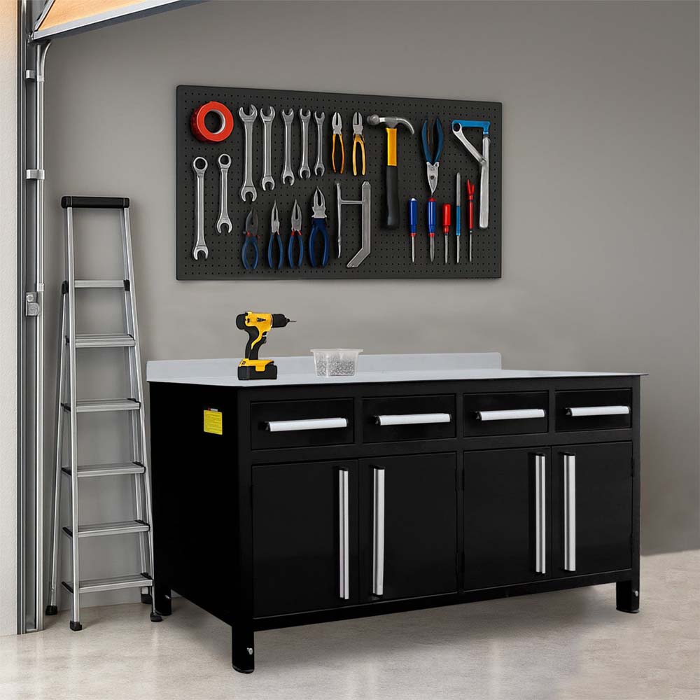 Black Garage Workbench Beneath A Pegboard With Hanging Tools