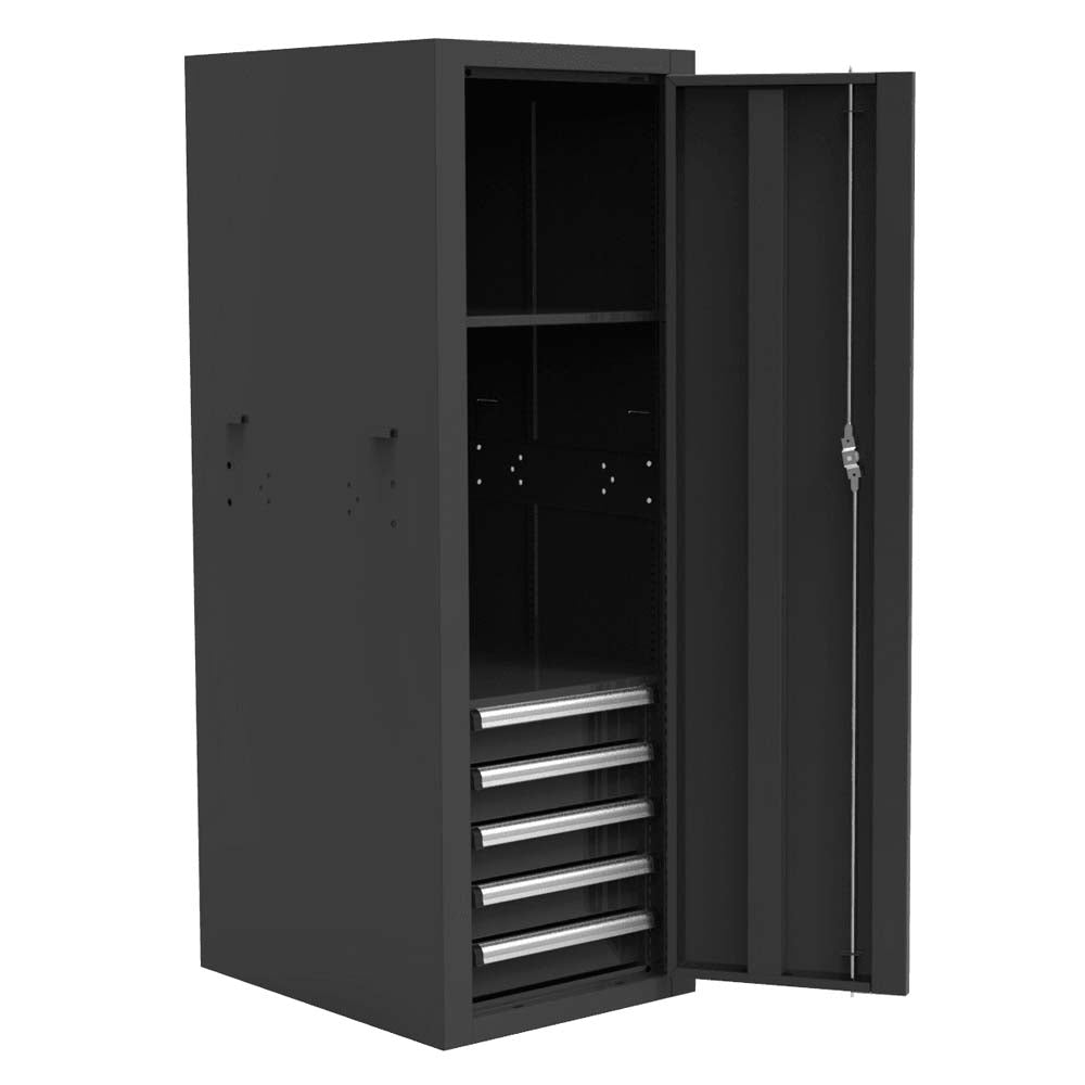Black Homak 24 Pro II CTS Side Locker With Two Doors, The Left One Open Revealing Multiple Shelves And A Hanging Rod For Storing Items