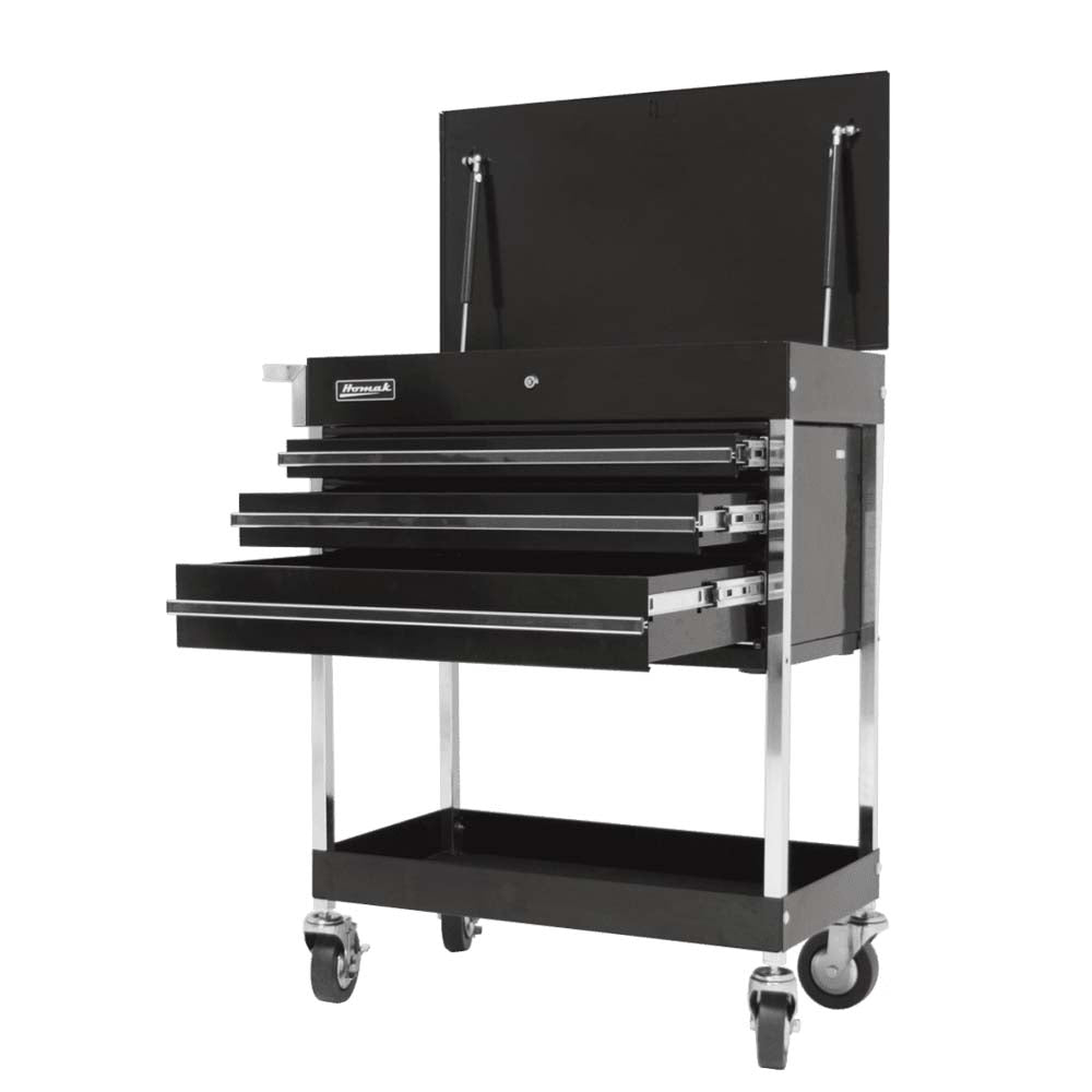 Black Homak 34 Service Cart With Three Drawers, A Top Compartment With Hinged Lid And Caster Wheels