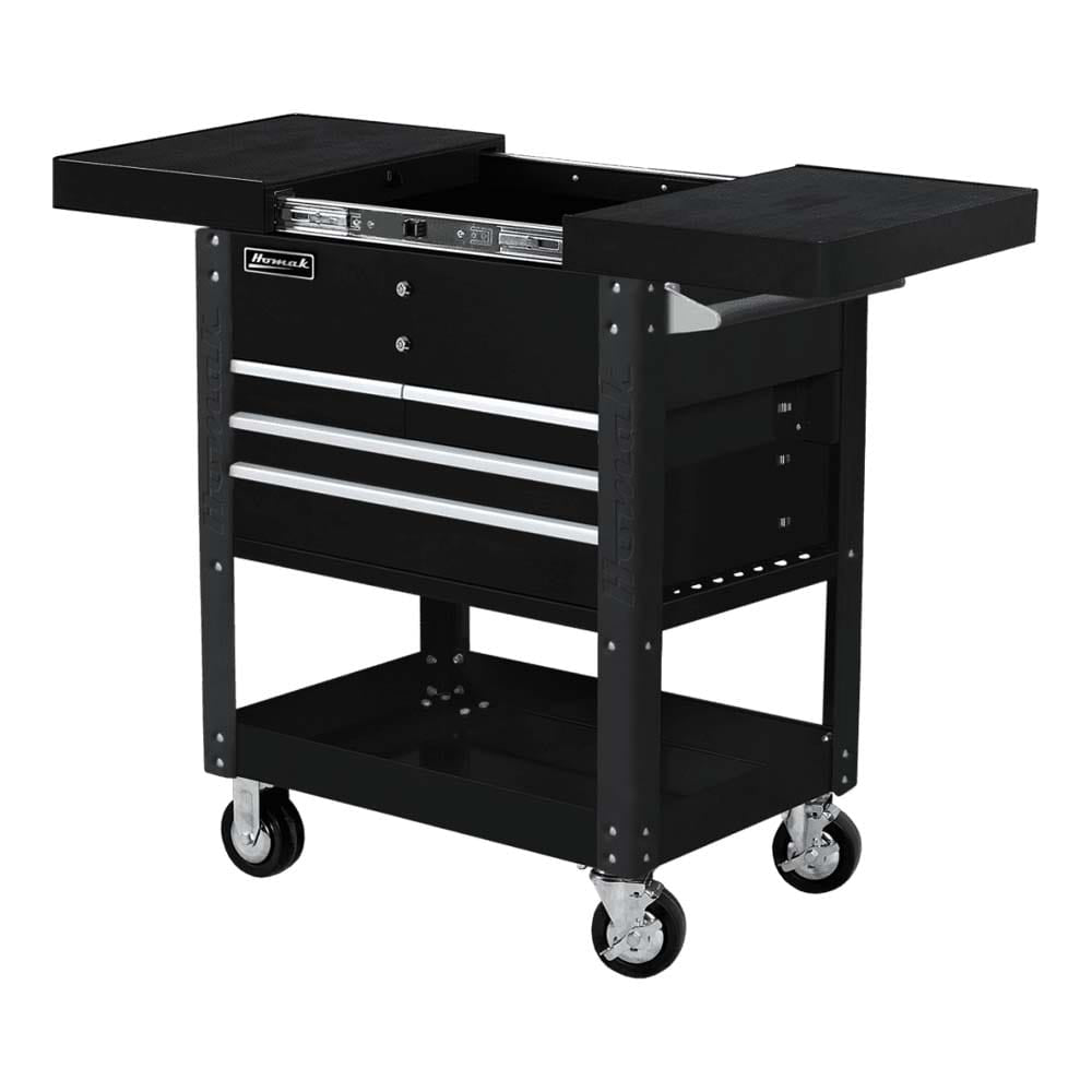 Black Homak 35 Pro Series 4 Drawer Service Cart With A Sliding Top Compartment, Three Drawers, A Lower Shelf, And Four Caster Wheels