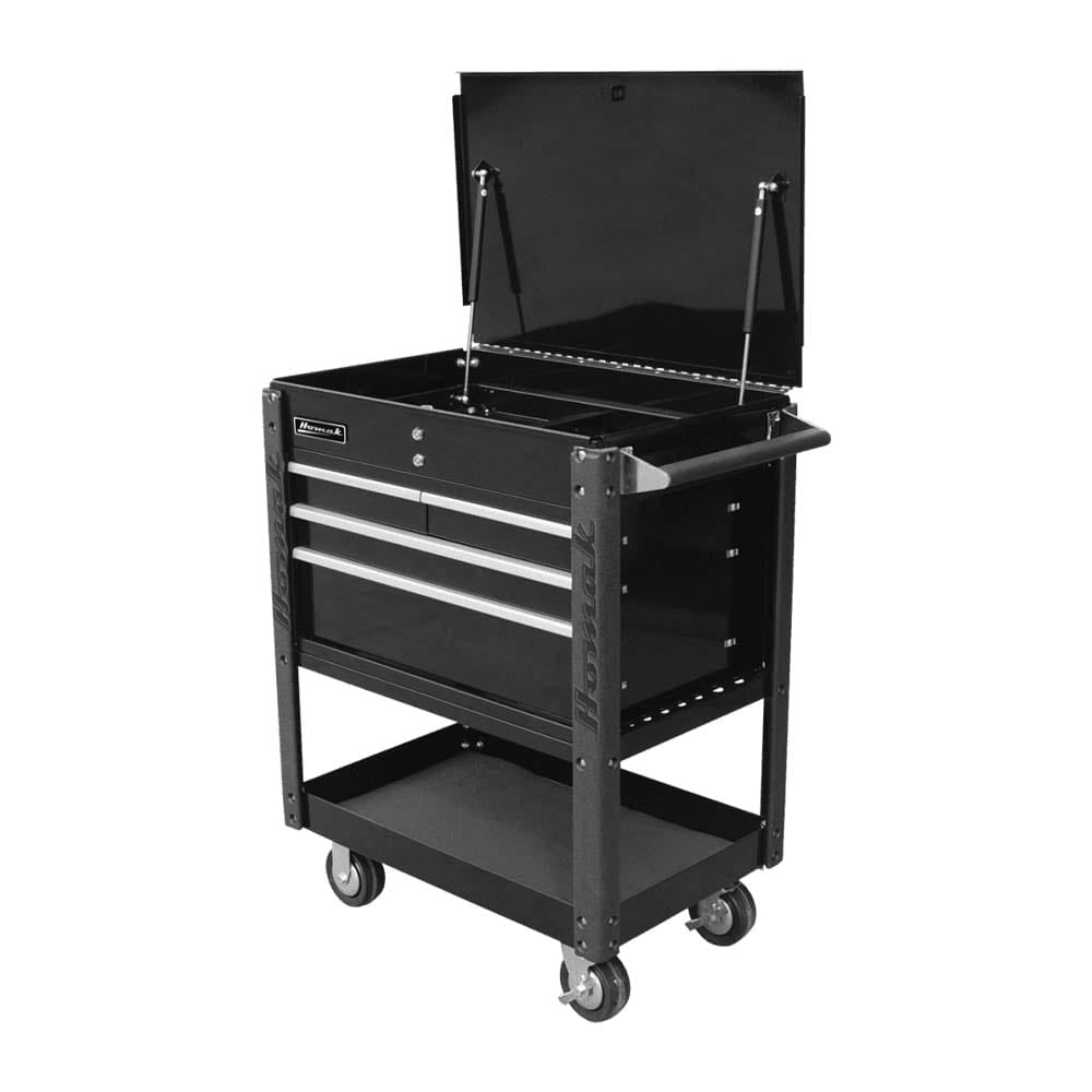 Black Homak 35 Service Cart With An Open Top Compartment, Three Drawers, And A Bottom Shelf, All Supported By Four Caster Wheels