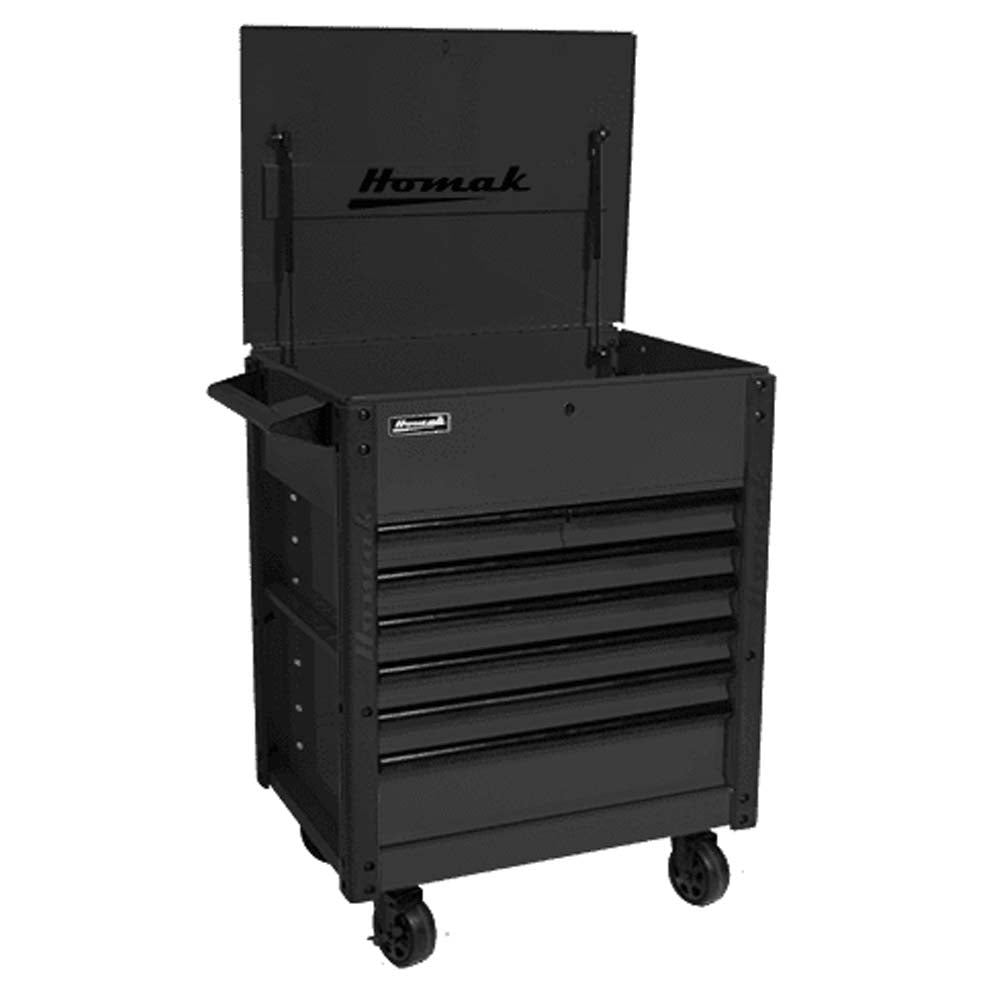 Black Homak 35 Slide Top Service Cart With A Full Width Top Drawer, Multiple Smaller Drawers Below And Caster Wheels