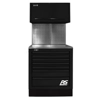 Black Homak 36 CTS With Multiple Drawers And A Top Cabinet, Featuring A Perforated Metal Back Panel And A Stainless Steel Work Surface