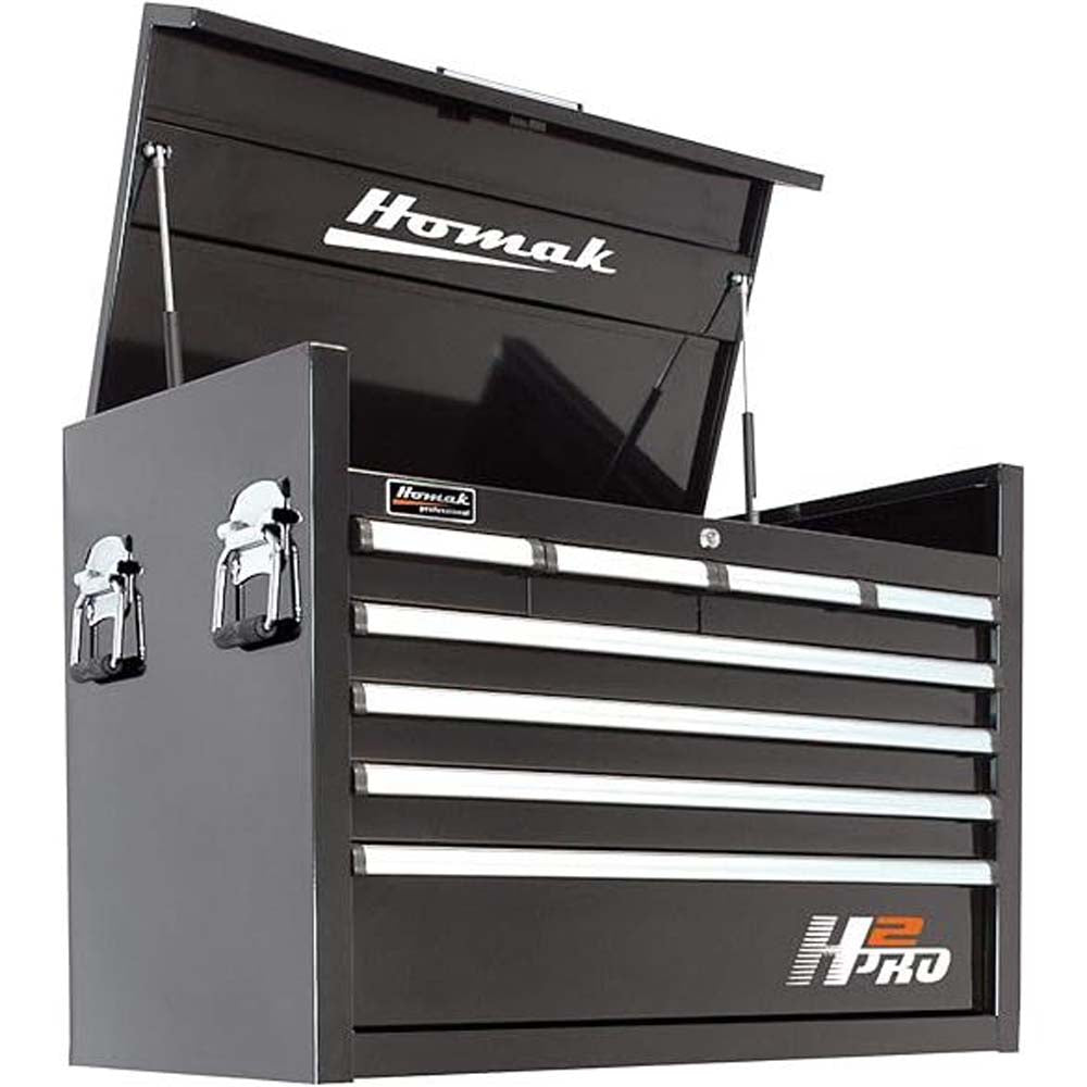 Black Homak 36 H2Pro 8-Drawer Top Chest, A Top Lid, And Side Handles