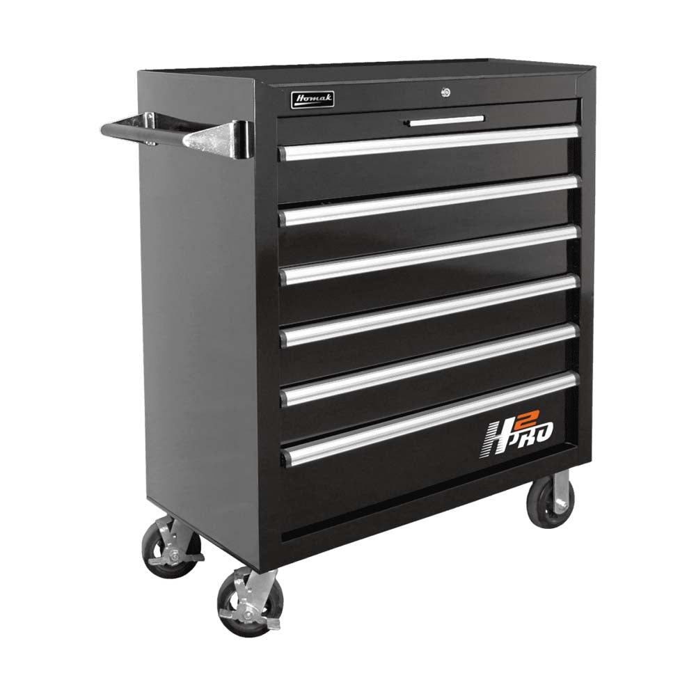 Black Homak 36 Roller Cabinet With Drawers, A Side Handle, And A Caster Wheels