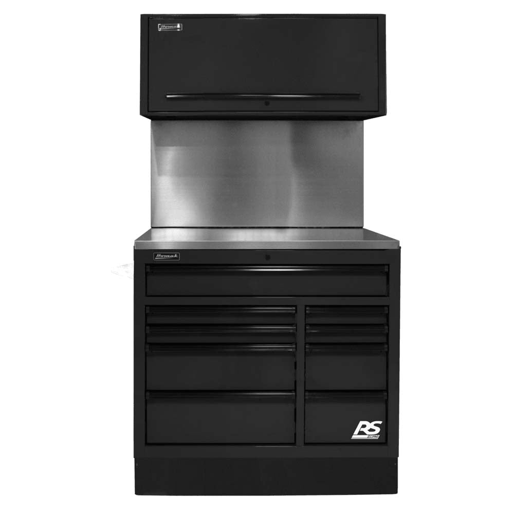 Black Homak 41 9-Drawer CTS Set And A Top Cabinet Featuring A Stainless Steel Backsplash