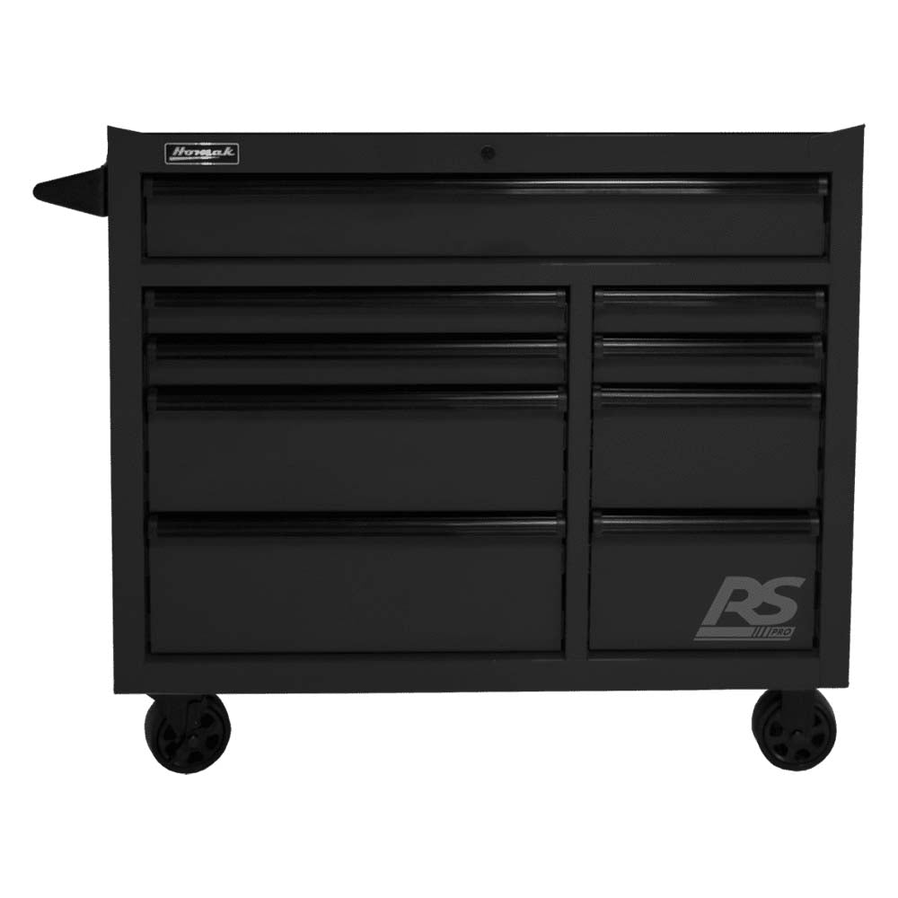Black Homak 41 Roller Cabinet With Multiple Drawers And A Handle On The Left Side, Featuring The RS Logo On The Bottom Right Drawer