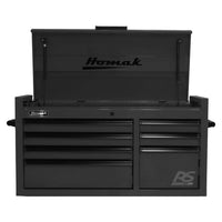 Black Homak 41 Top Chest With Multiple Drawers And An Open Top Lid