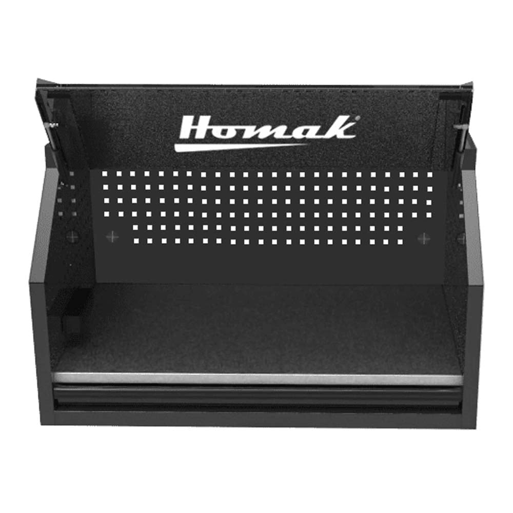 Black Homak 41 Top Hutch With A Perforated Metal Panel On The Front And A Single Drawer At The Bottom