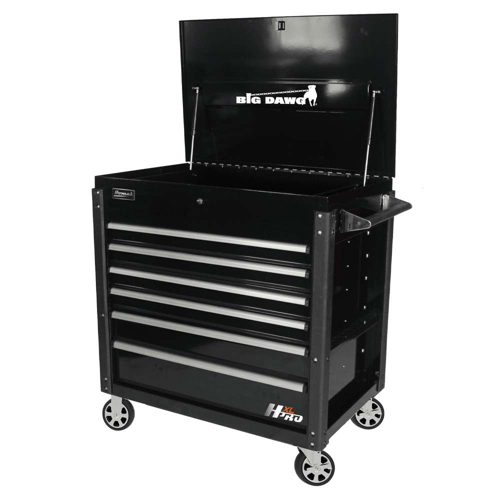 Black Homak 43 6-Drawer Service Cart On Wheels With An Open Top Compartment And The Label Big Dawg On The Inside Of The Lid