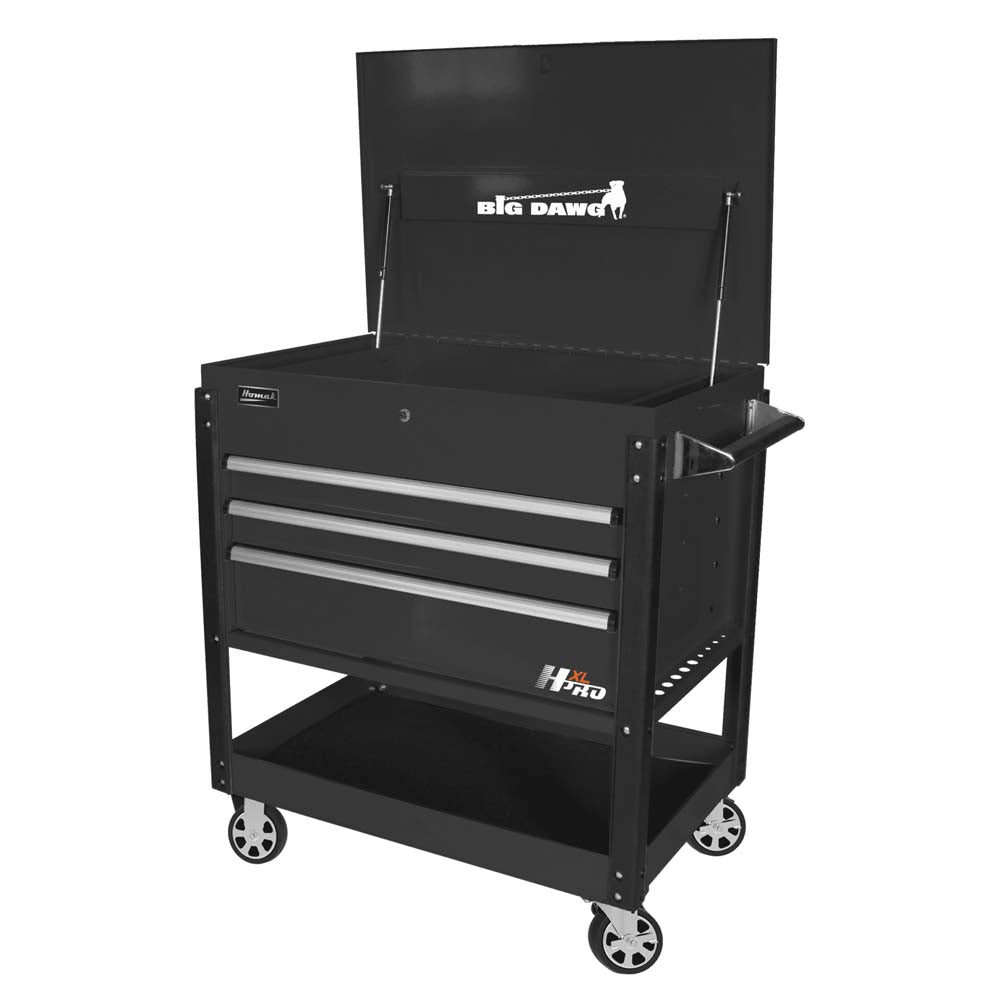 Black Homak 43 Big Dawg 3-Drawer Service Cart, An Open Top Compartment And A Handle On The Side