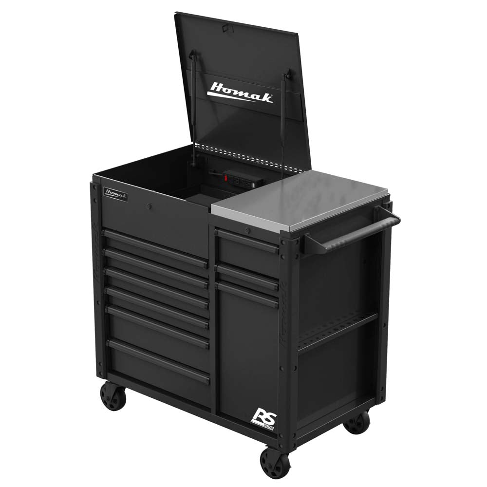 Black Homak 44 9-Drawer Power Service Cart, Featuring A Top Compartment With A Hinged Lid, A Side Handle, And Caster Wheels