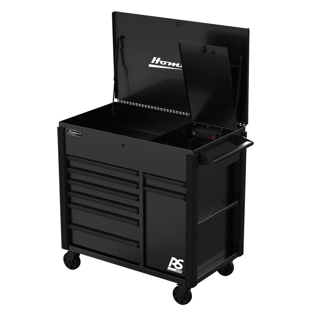 Black Homak 44 RS Pro 8-Drawer Power Service Cart And An Open Top Compartment
