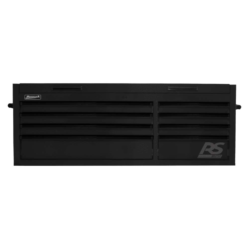 Black Homak 54 Top Chest With Multiple Horizontal Drawers And The RS Logo Printed On The Bottom Right Corner