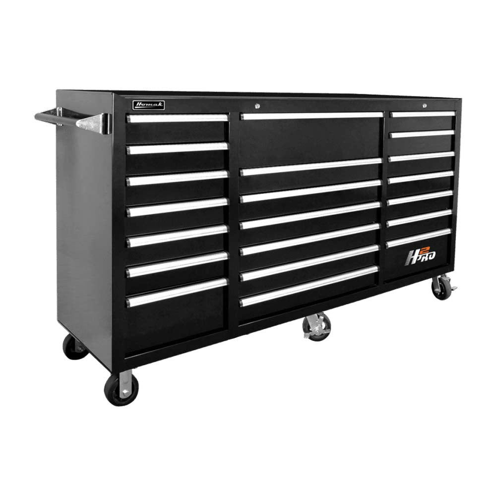 Black Homak 72 H2Pro Roller Cabinet With Numerous Drawers And A Stainless Steel Worktop Surface