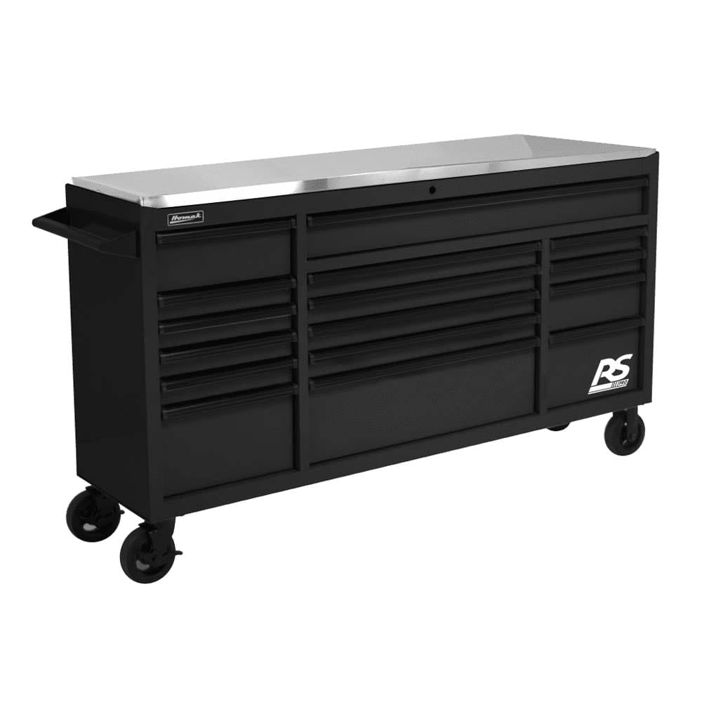 Black Homak 72 RS Pro 16-Drawer Roller Cabinet And A Stainless Steel Top