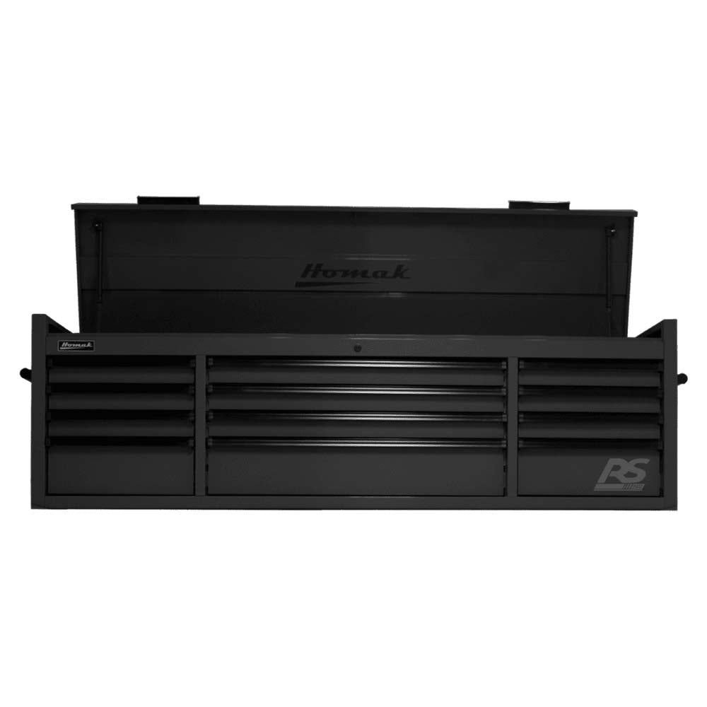 Black Homak 72 Top Chest Featuring Several Drawers And An Open Top Compartment