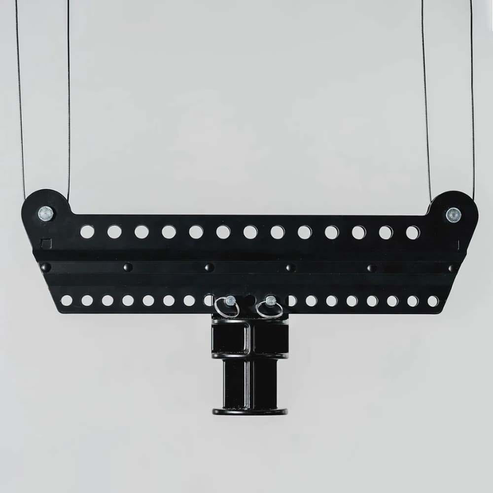 Black Mechanical Wall Bracket With Multiple Holes And A Pivoting Hinge Part Of SmarterHome Fifth Wheel Hitch Lifter