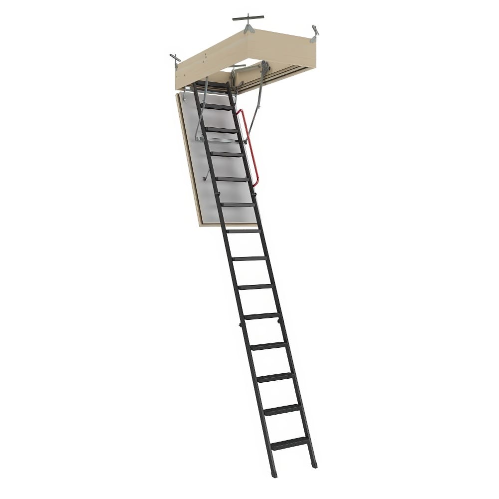 Black Metal Attic Ladder Extended From A Ceiling Hatch With A Red Handrail And Mounting Brackets