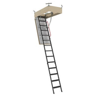 Black Metal Attic Ladder Extended From A Ceiling Hatch With A Red Handrail And Mounting Brackets
