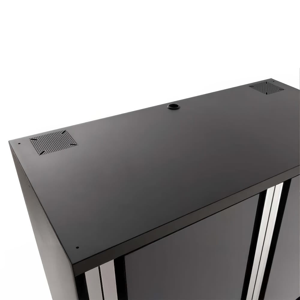 Black Metal Cabinet Top View Showing Dual Vents And Centered Cable Grommet