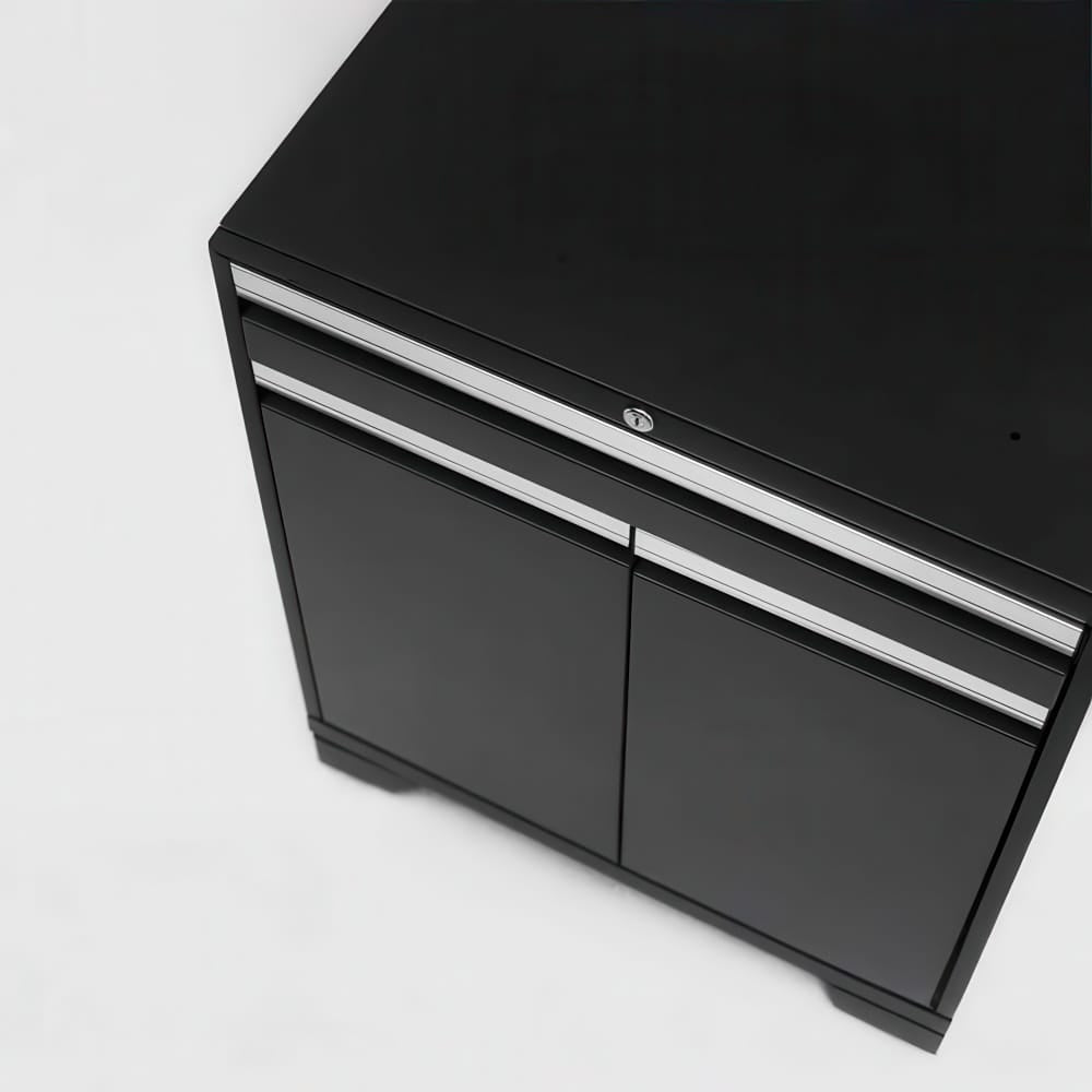 Black Metal Cabinet With Lockable Top Drawer And Two Lower Doors On White Background