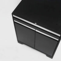 Black Metal Cabinet With Lockable Top Drawer And Two Lower Doors On White Background