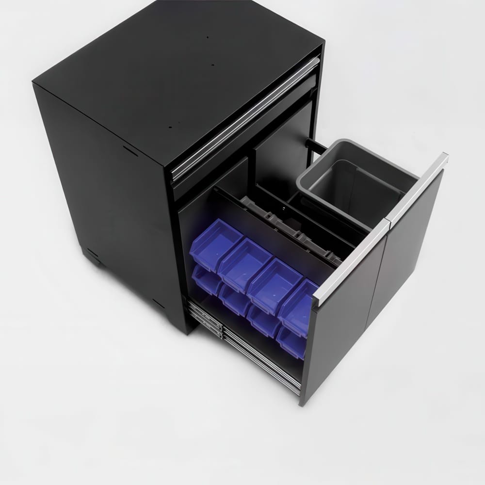 Black Metal Cabinet With Pull-Out Trash Bin And Organizer Drawer Holding Blue Bins On A White Background