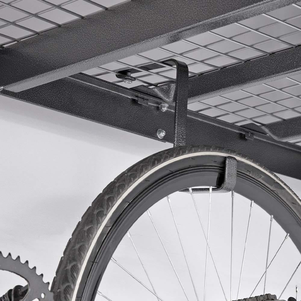 Black Metal Ceiling Mounted Storage Rack With Vesarac Bike Hooks Attached