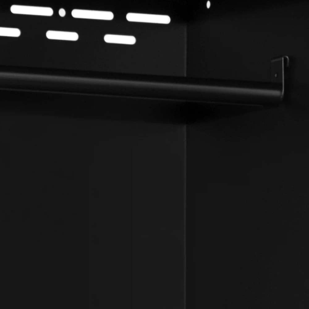 Black Metal Clothing Rod Mounted Inside A Dark Colored Bold Series 12 Piece Cabinet Set With 2X Lockers