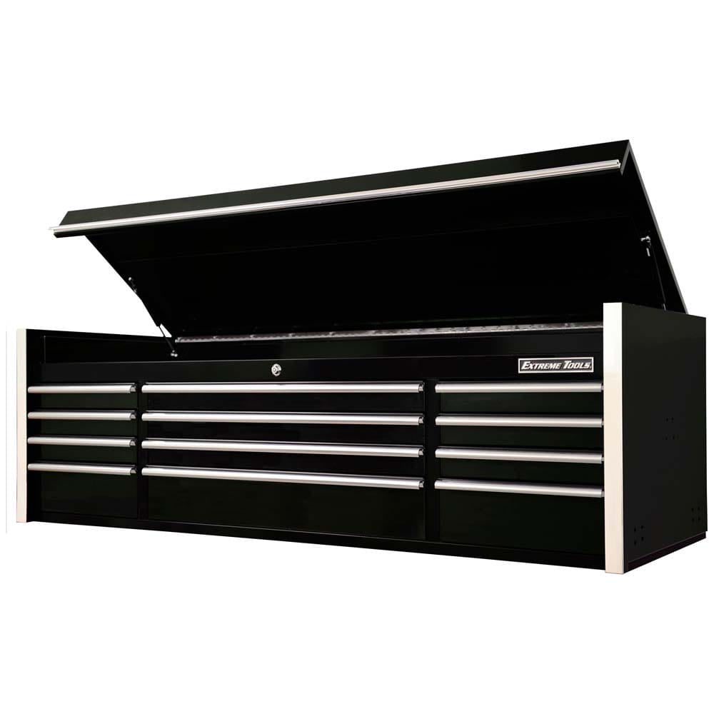 Black Metal Extreme Tools 72 Top Chest Tool Box With Its Top Lid Open, Revealing An Upper Storage Compartment And Multiple Horizontal Drawers