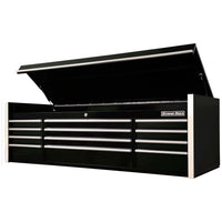 Black Metal Extreme Tools 72 Top Chest Tool Box With Its Top Lid Open, Revealing An Upper Storage Compartment And Multiple Horizontal Drawers